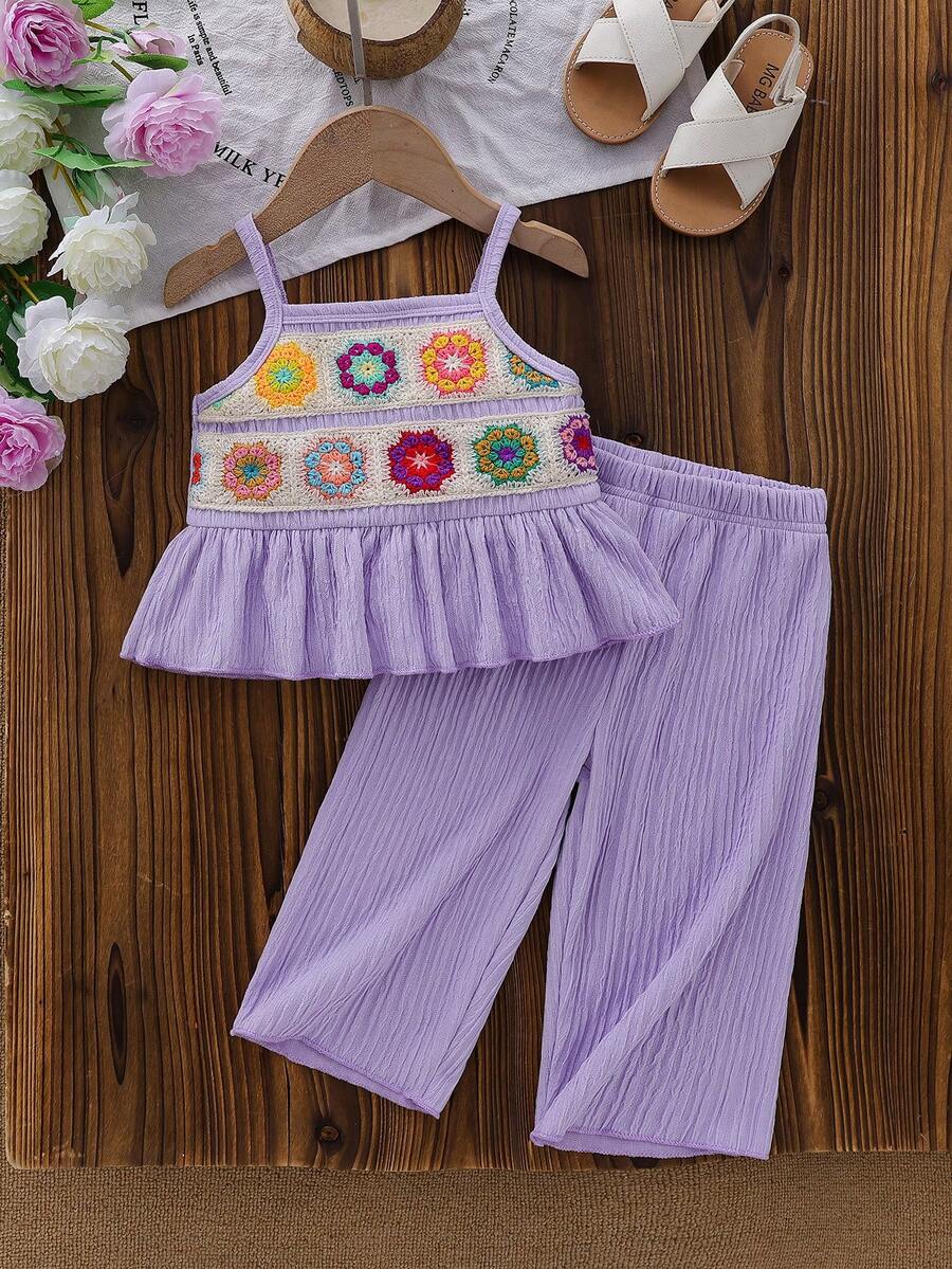 Delicate Strap Top And Solid Pants Set For Toddler Girls Casual Outfit