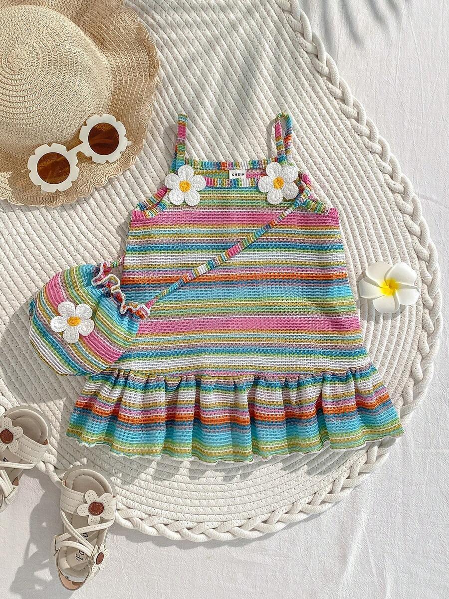Floral Suspender Dress with Matching Bag, 2-Piece Set for Baby Girls