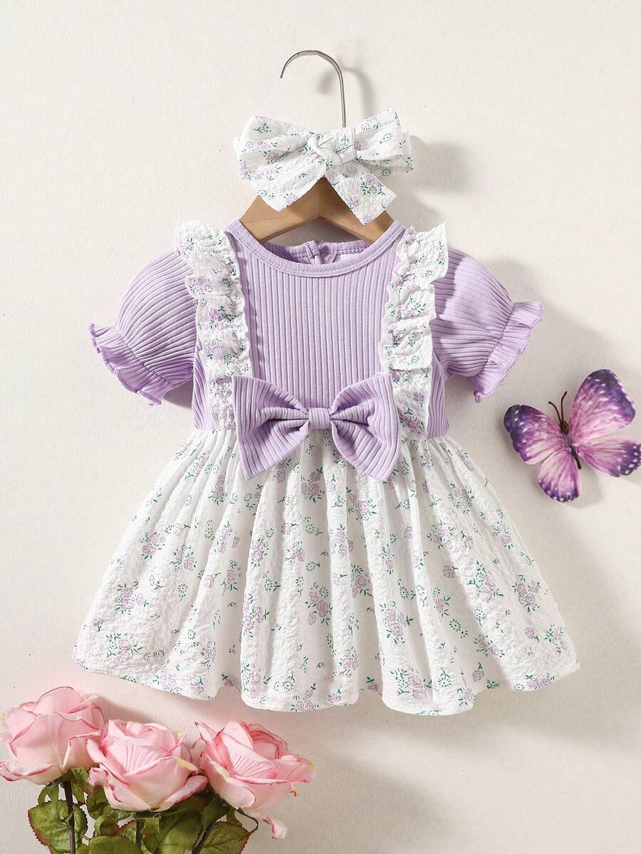 2PCS Baby Blue Floral Dress and Headband Set for Cute Summer Tea Parties and Outings
