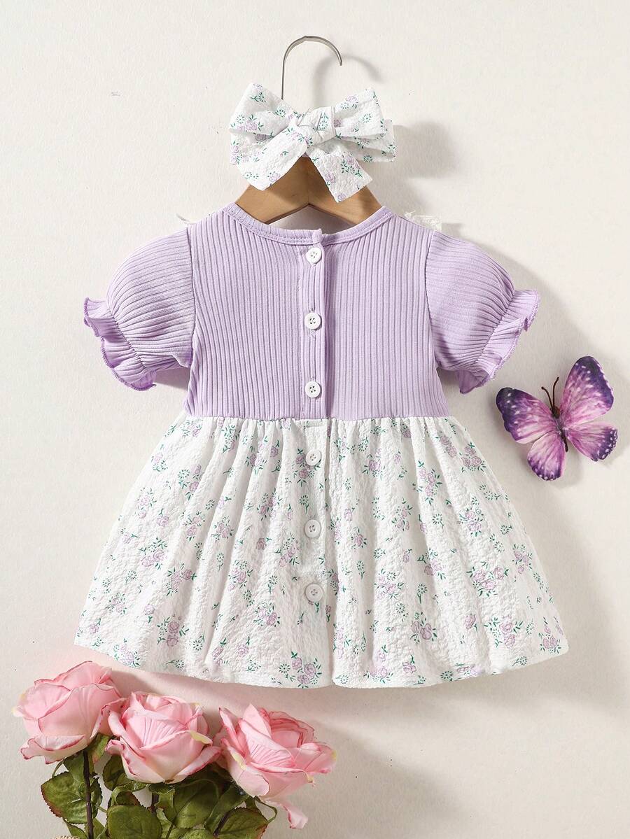2PCS Baby Blue Floral Dress and Headband Set for Cute Summer Tea Parties and Outings