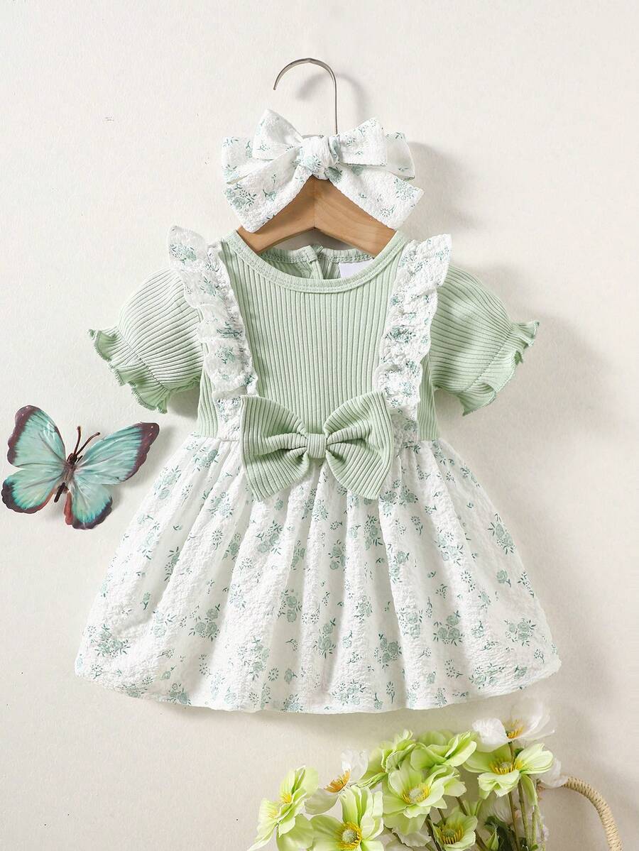 2PCS Baby Blue Floral Dress and Headband Set for Cute Summer Tea Parties and Outings