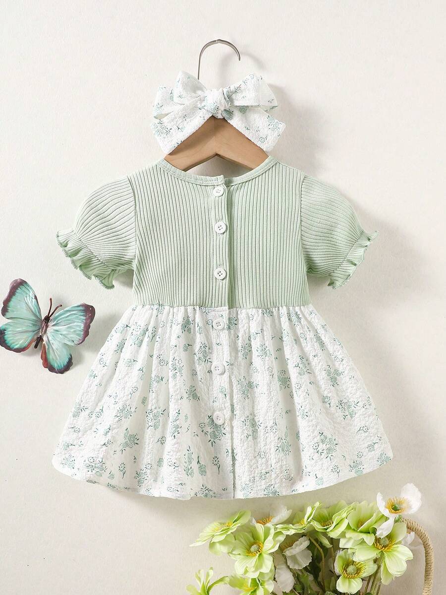 2PCS Baby Blue Floral Dress and Headband Set for Cute Summer Tea Parties and Outings