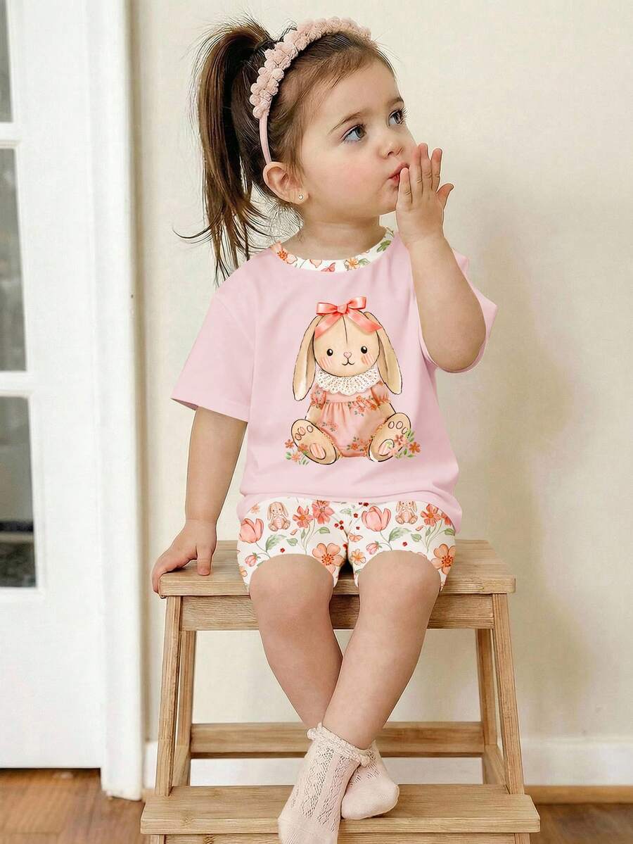 Cute Short Sleeve Clothing Set For Little Girls Flower Print Leggings Style