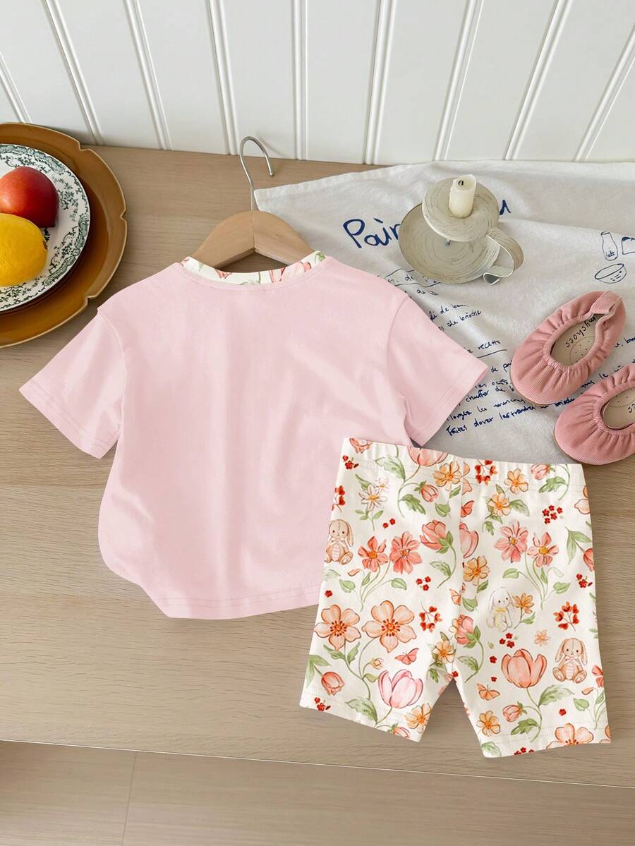 Cute Short Sleeve Clothing Set For Little Girls Flower Print Leggings Style