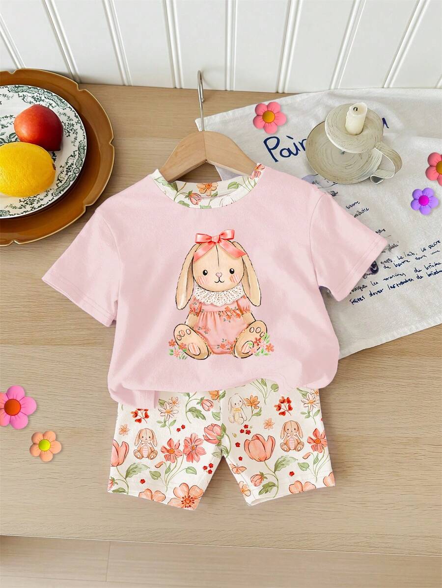 Cute Short Sleeve Clothing Set For Little Girls Flower Print Leggings Style