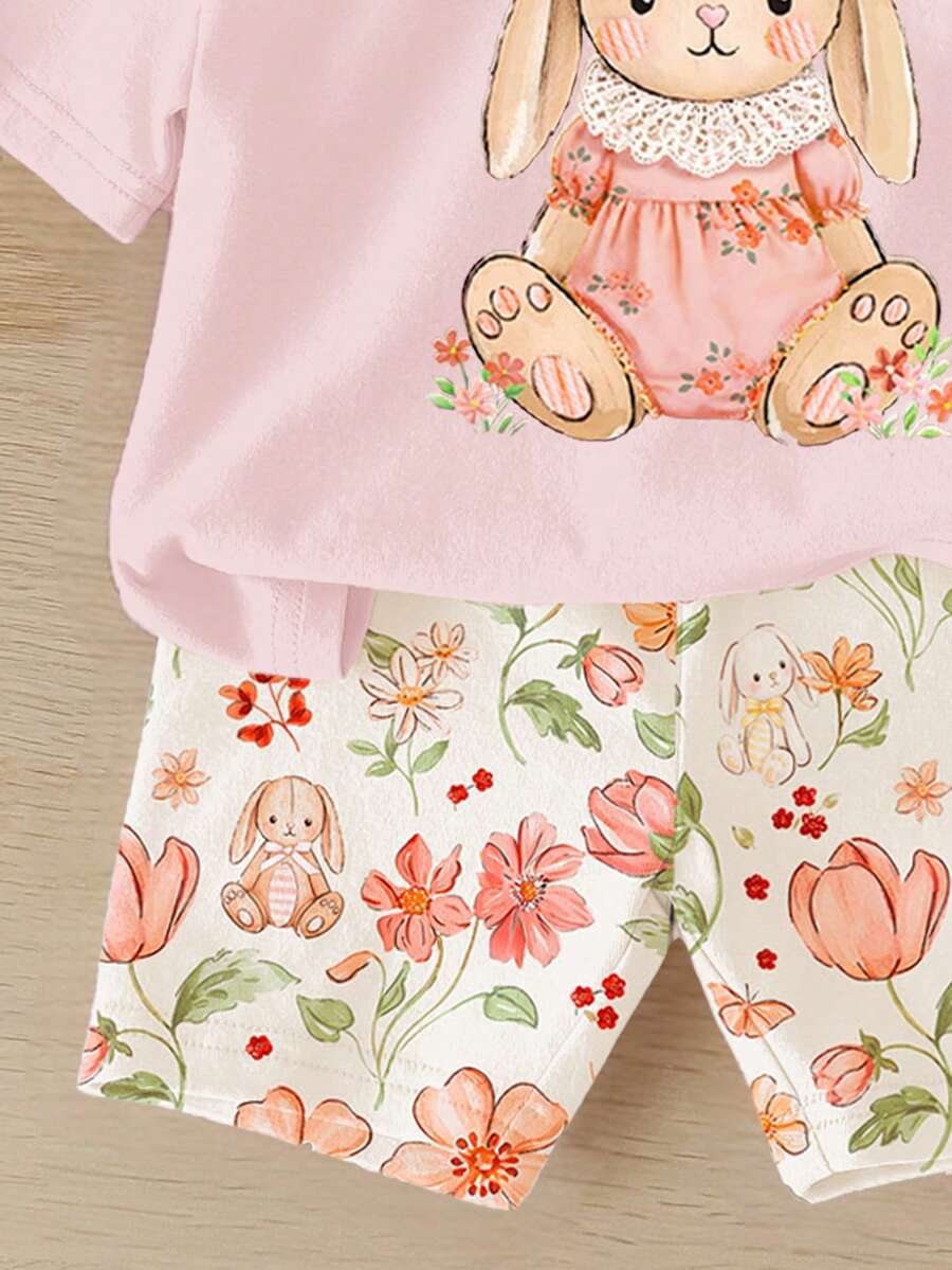 Cute Short Sleeve Clothing Set For Little Girls Flower Print Leggings Style