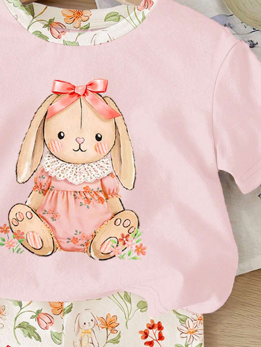 Cute Short Sleeve Clothing Set For Little Girls Flower Print Leggings Style