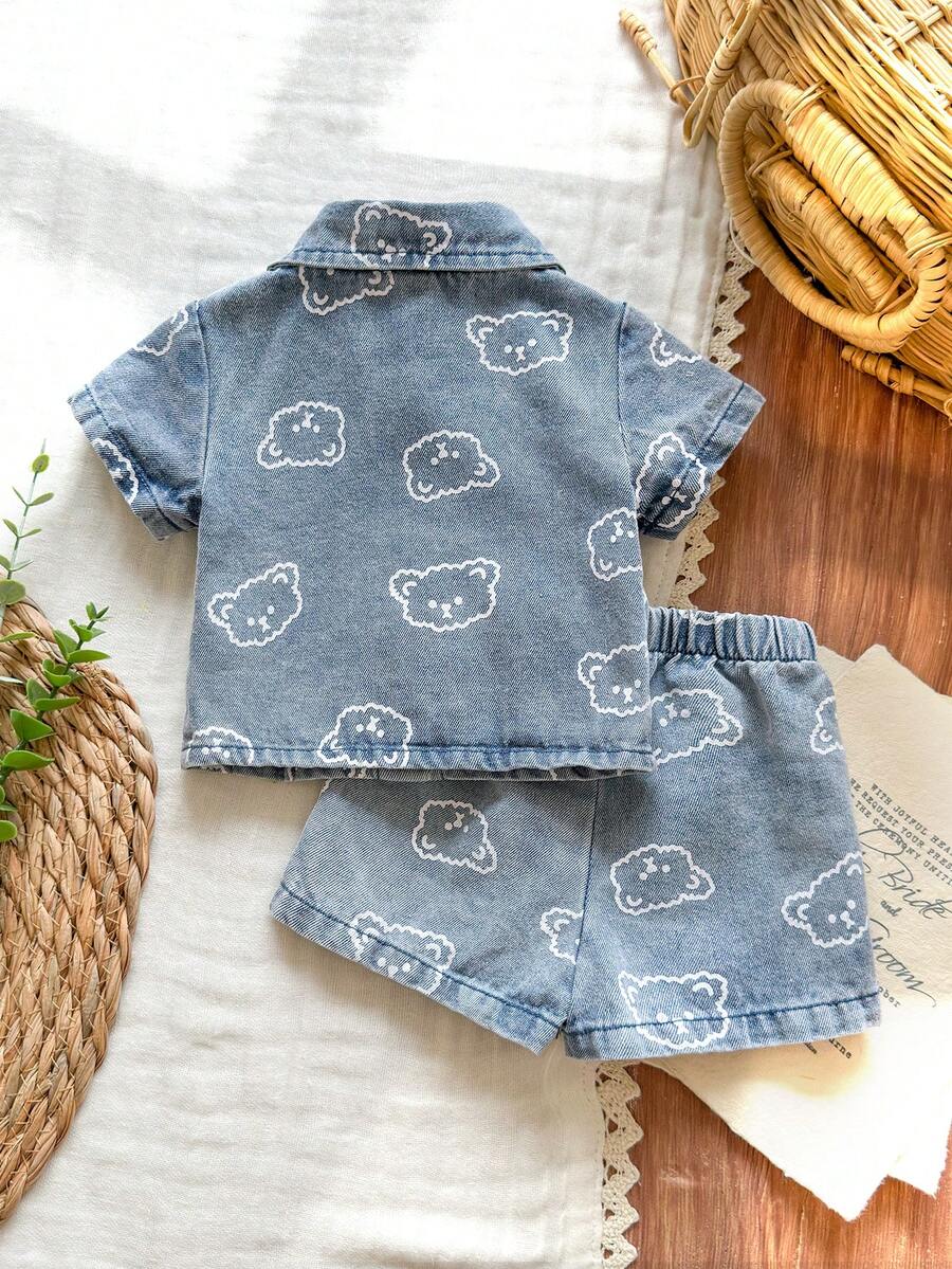 2PCS Baby Boy Bear Print Denim Collar Outfit Set for Cute Summer Daily Wear