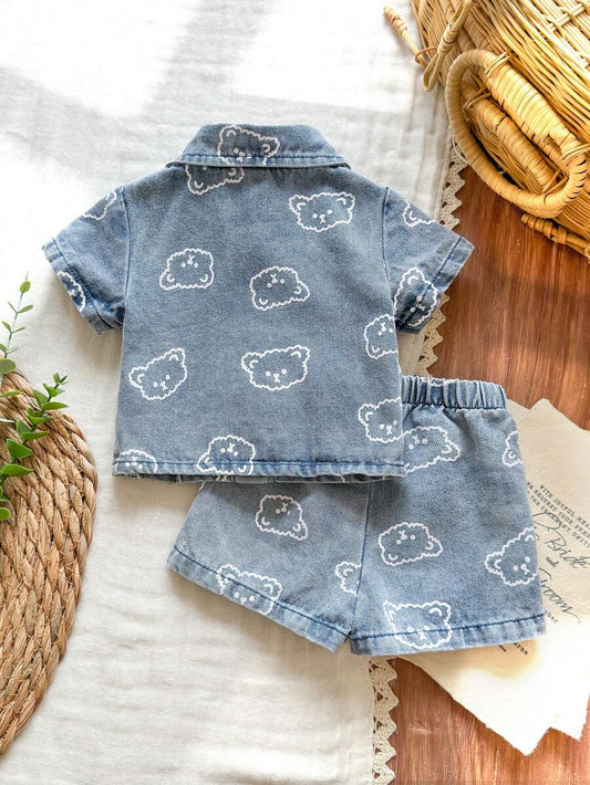 2PCS Baby Boy Bear Print Denim Collar Outfit Set for Cute Summer Daily Wear