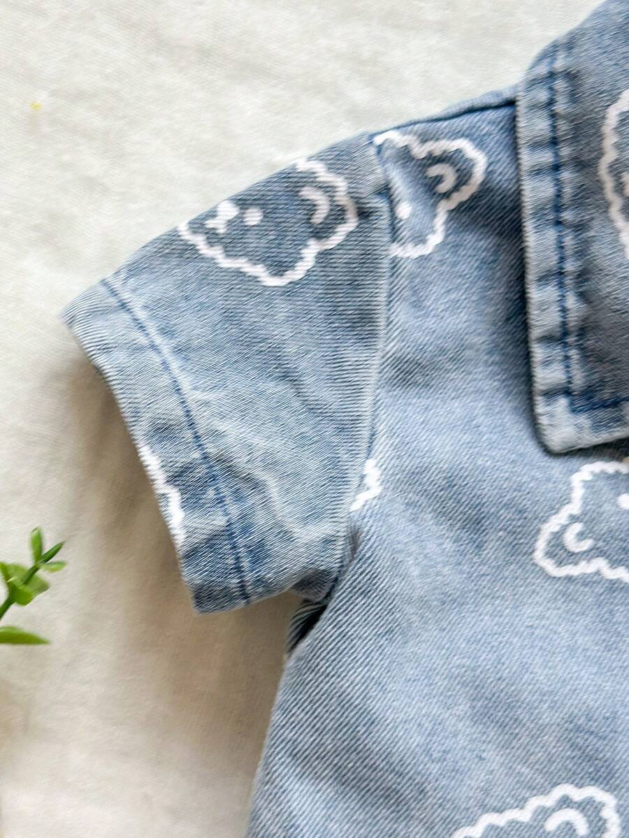 2PCS Baby Boy Bear Print Denim Collar Outfit Set for Cute Summer Daily Wear