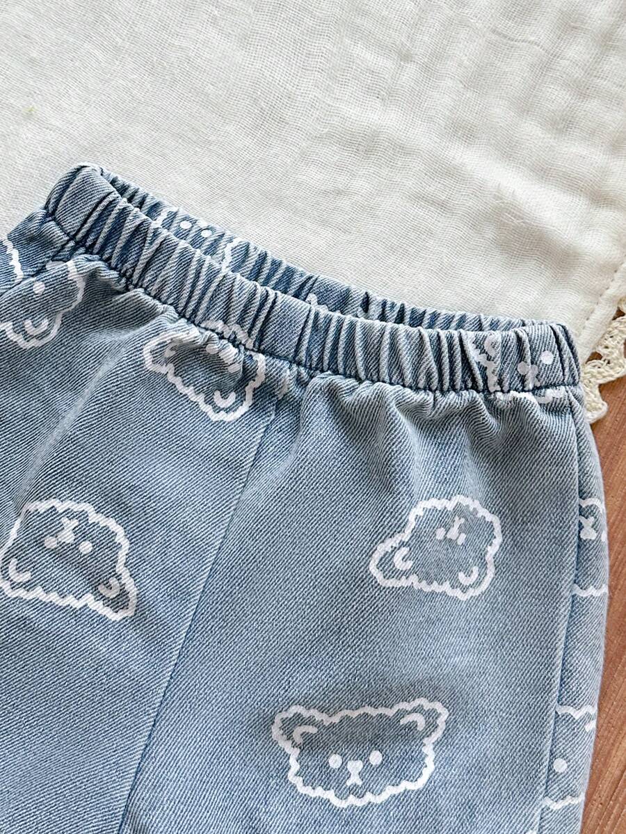 2PCS Baby Boy Bear Print Denim Collar Outfit Set for Cute Summer Daily Wear