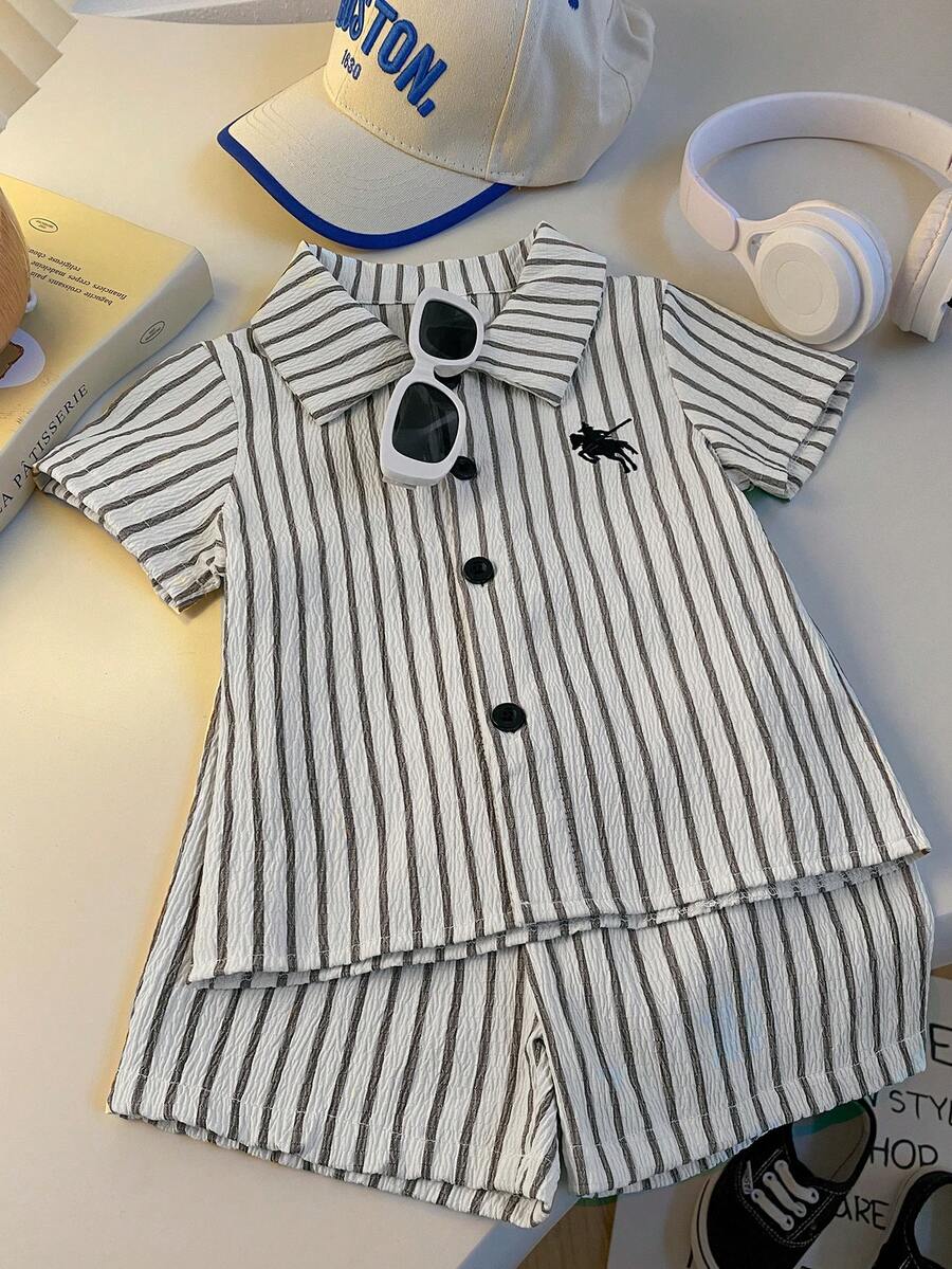 2pcs/Set Baby Boy Casual Striped Polo Collar Top & Shorts Summer Clothes