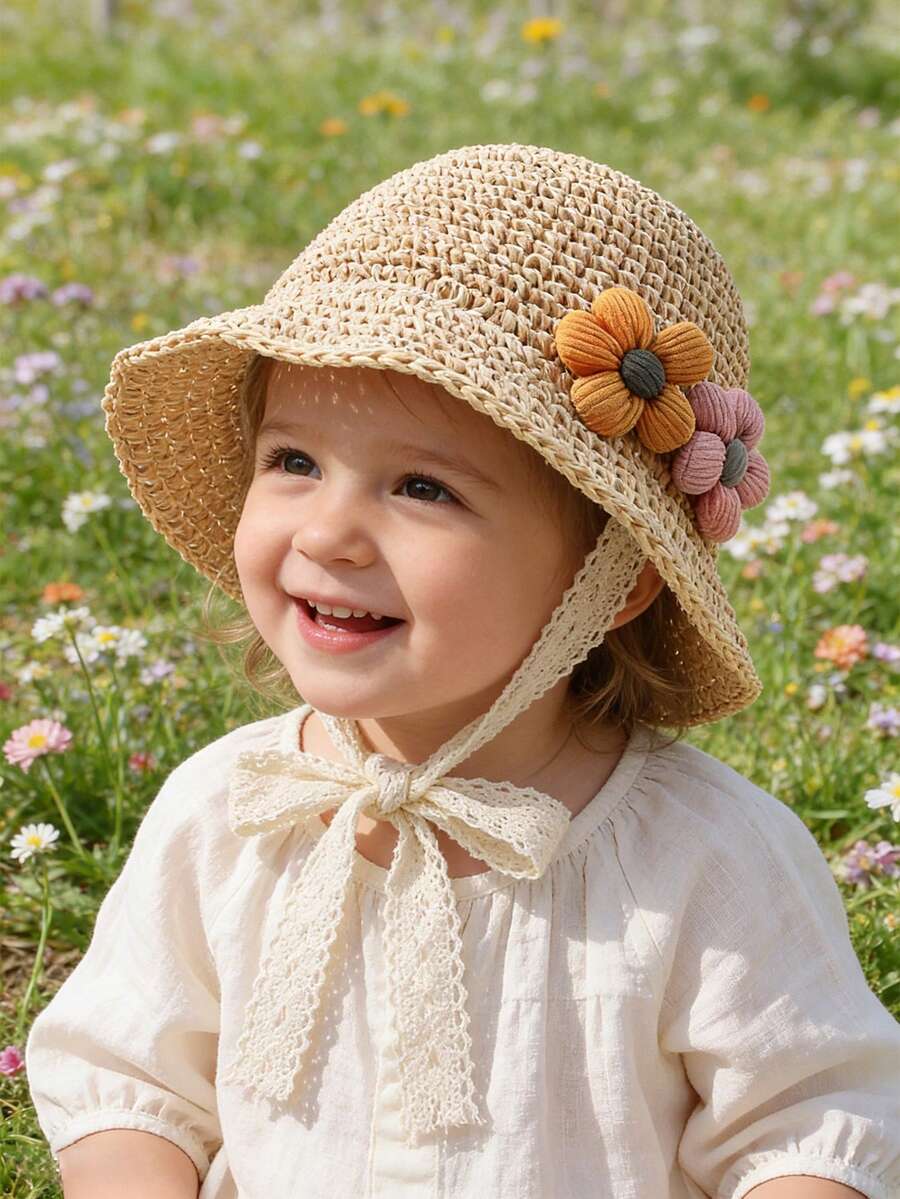 1pc Knitted Lace Bow Sun Hat for Baby and Toddler Casual Wear