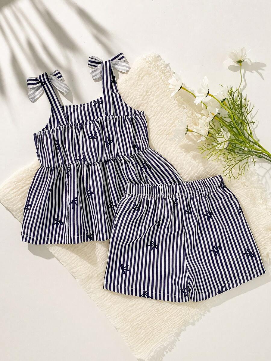 Cute Camisole And Shorts Set For Toddler Girls With Stripe Bow Detail