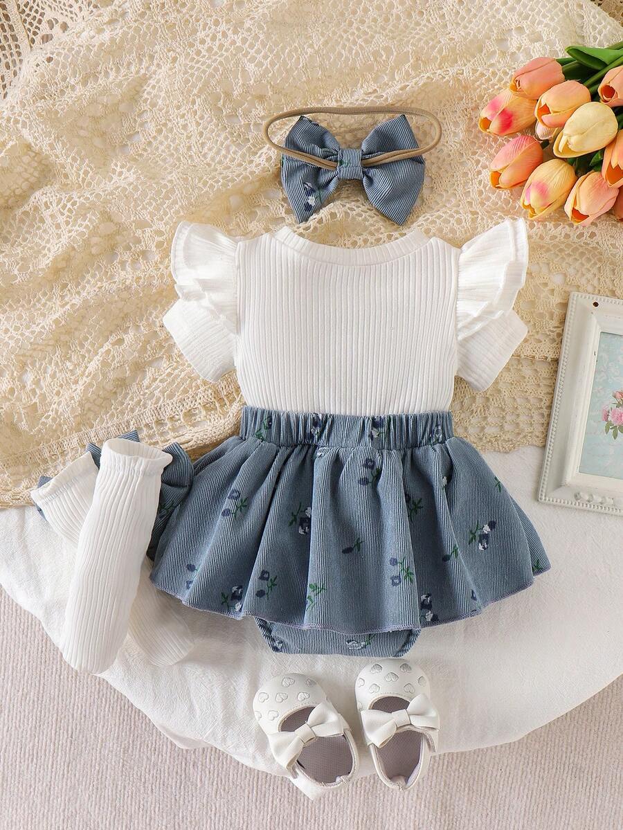 Baby Corduroy Patchwork Romper Dress for Cute Spring and Summer Outdoor Wear