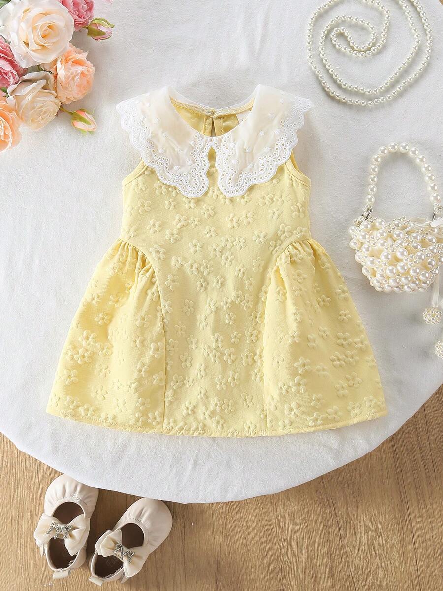 Little Girls Princess Pink Dress With Peter Pan Collar And Lace Detail