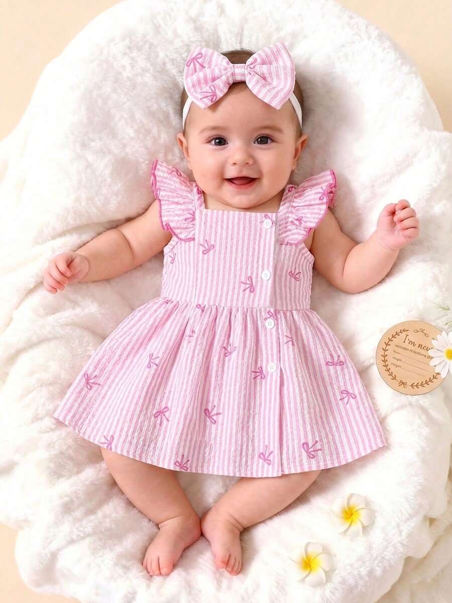 2PCS Baby Watercolor Floral Dress and Hairband Set for Cute Summer Outings