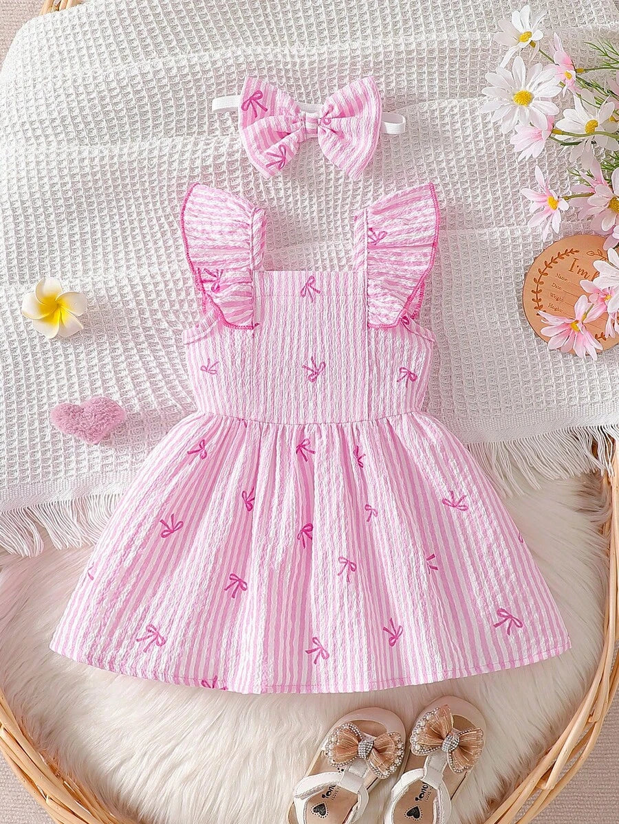 2PCS Baby Watercolor Floral Dress and Hairband Set for Cute Summer Outings