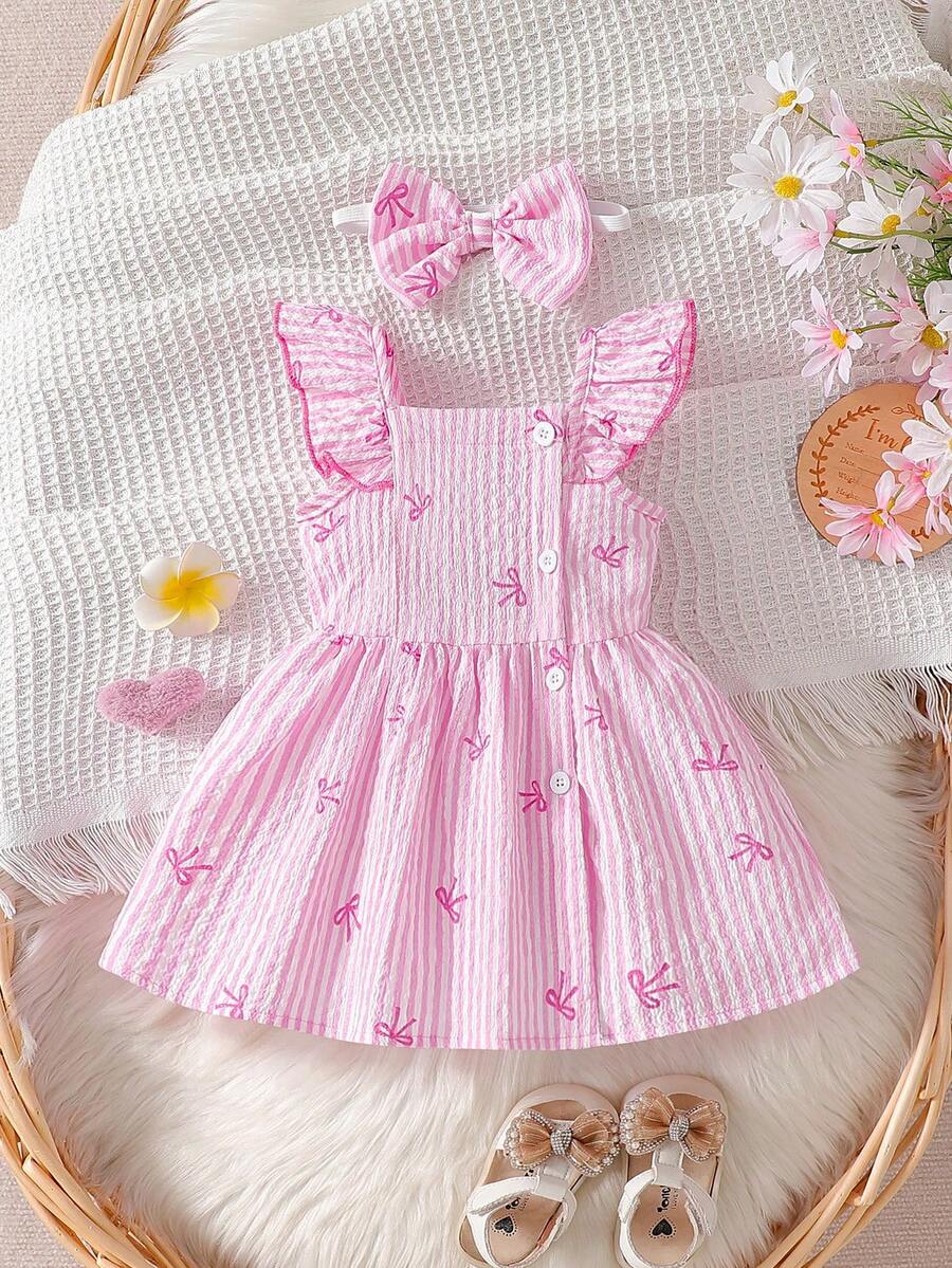 2PCS Baby Watercolor Floral Dress and Hairband Set for Cute Summer Outings