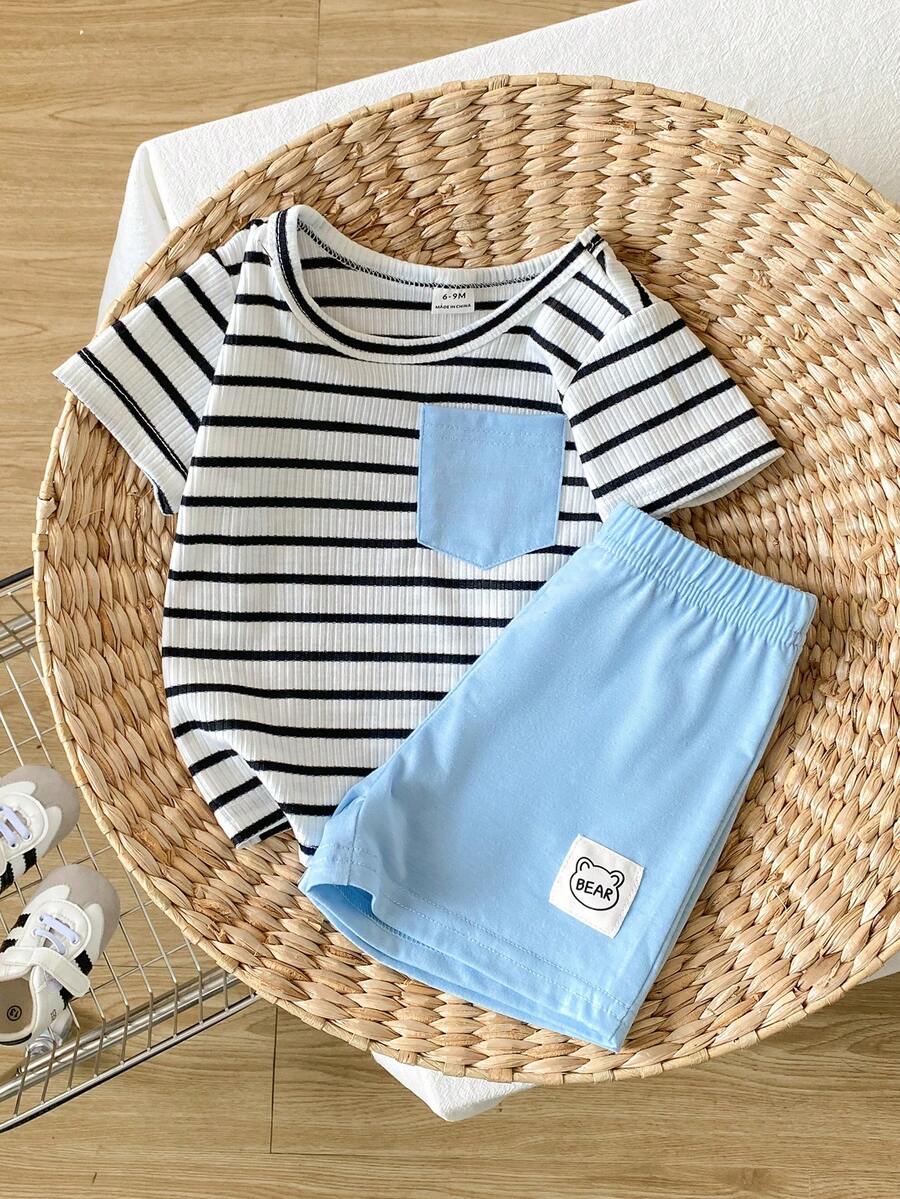 Infant Toddler Boys' Summer Outfit: Striped Waffle Tee and Letter Patch Shorts