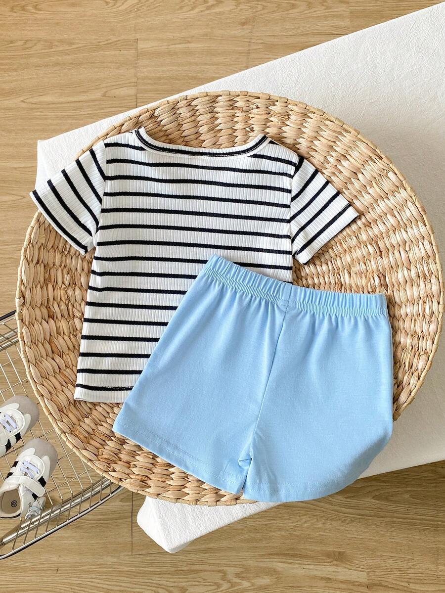 Infant Toddler Boys' Summer Outfit: Striped Waffle Tee and Letter Patch Shorts