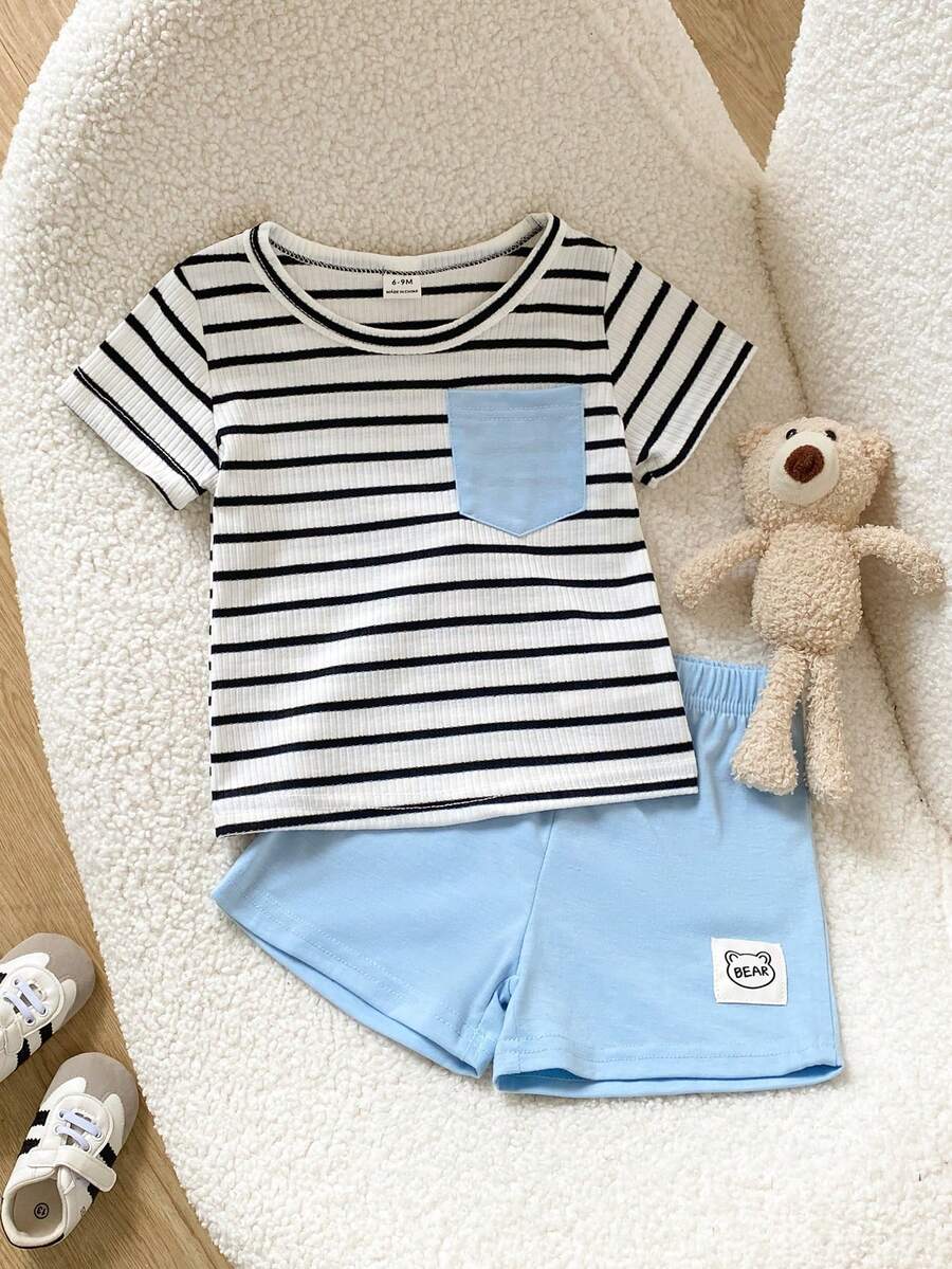 Infant Toddler Boys' Summer Outfit: Striped Waffle Tee and Letter Patch Shorts
