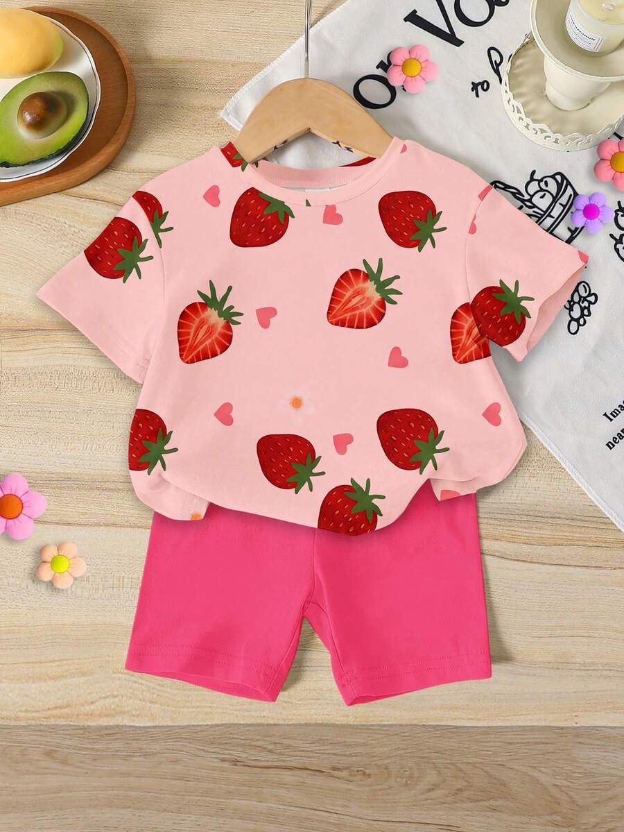 Sweet Strawberry Print T Shirt And Shorts Set For Toddler Girls