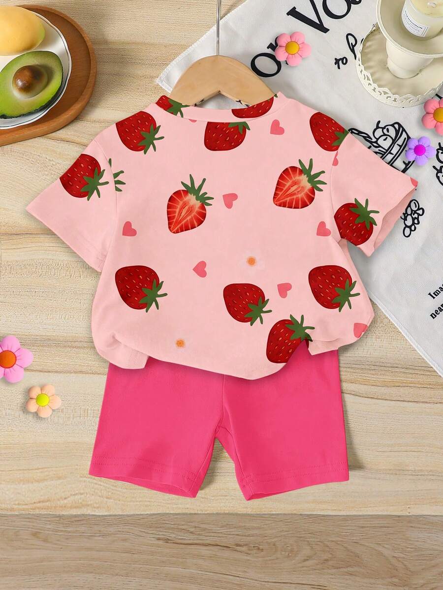 Sweet Strawberry Print T Shirt And Shorts Set For Toddler Girls