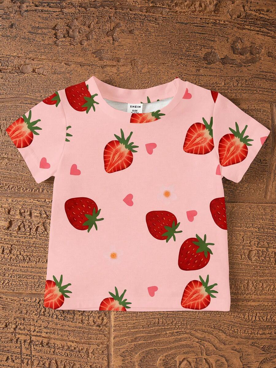 Sweet Strawberry Print T Shirt And Shorts Set For Toddler Girls