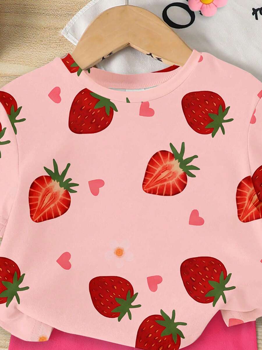 Sweet Strawberry Print T Shirt And Shorts Set For Toddler Girls