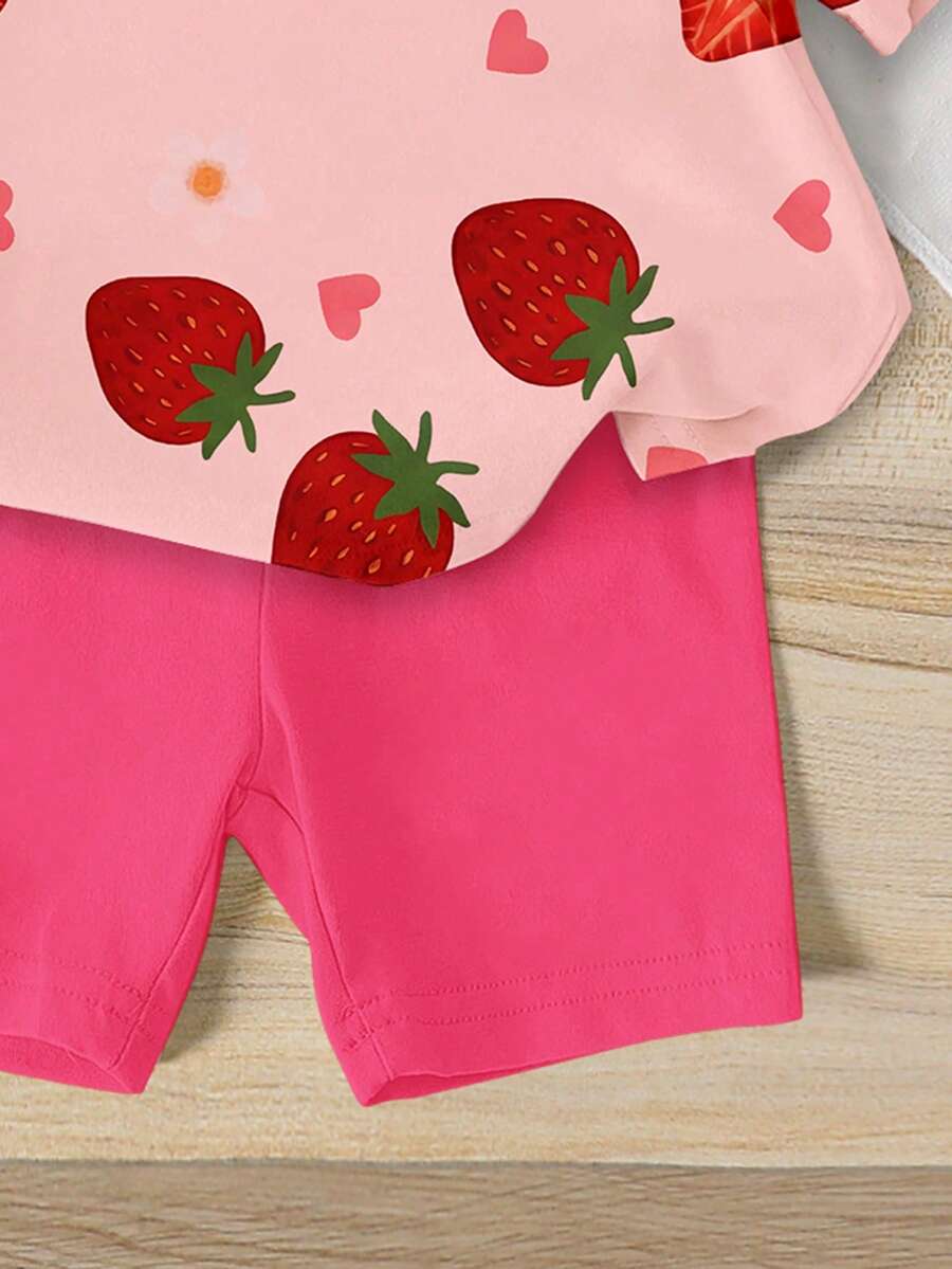 Sweet Strawberry Print T Shirt And Shorts Set For Toddler Girls