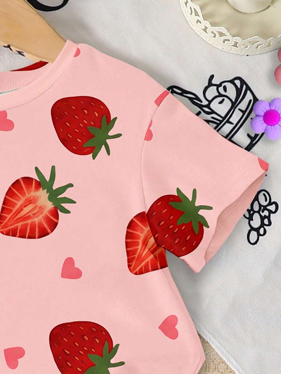 Sweet Strawberry Print T Shirt And Shorts Set For Toddler Girls