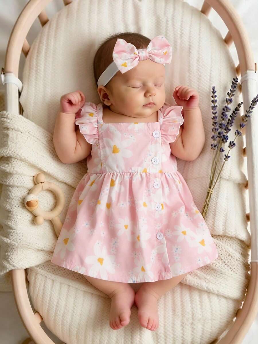 2PCS Baby Watercolor Floral Dress and Hairband Set for Cute Summer Outings