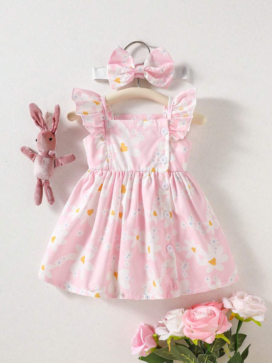 2PCS Baby Watercolor Floral Dress and Hairband Set for Cute Summer Outings