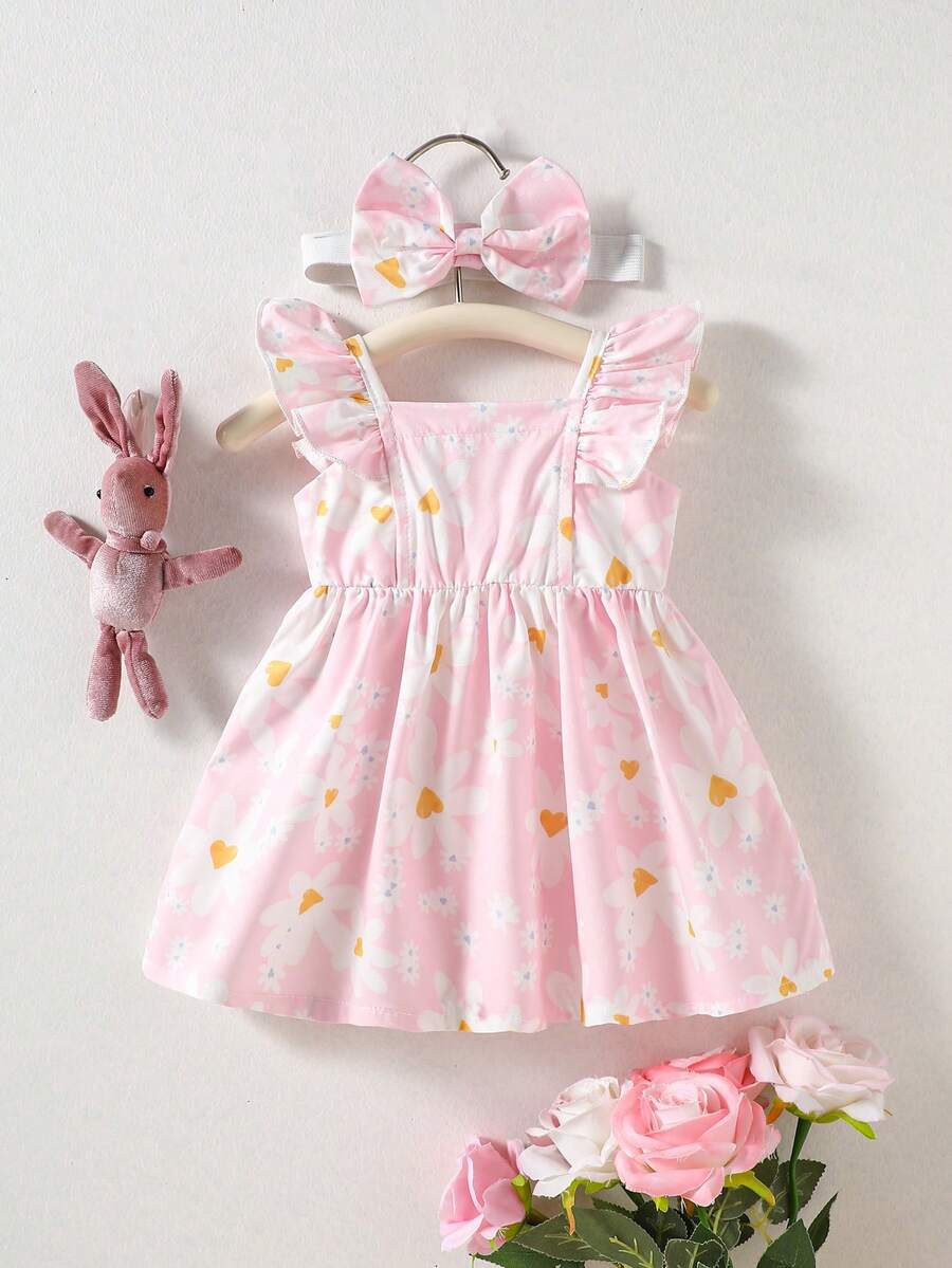 2PCS Baby Watercolor Floral Dress and Hairband Set for Cute Summer Outings