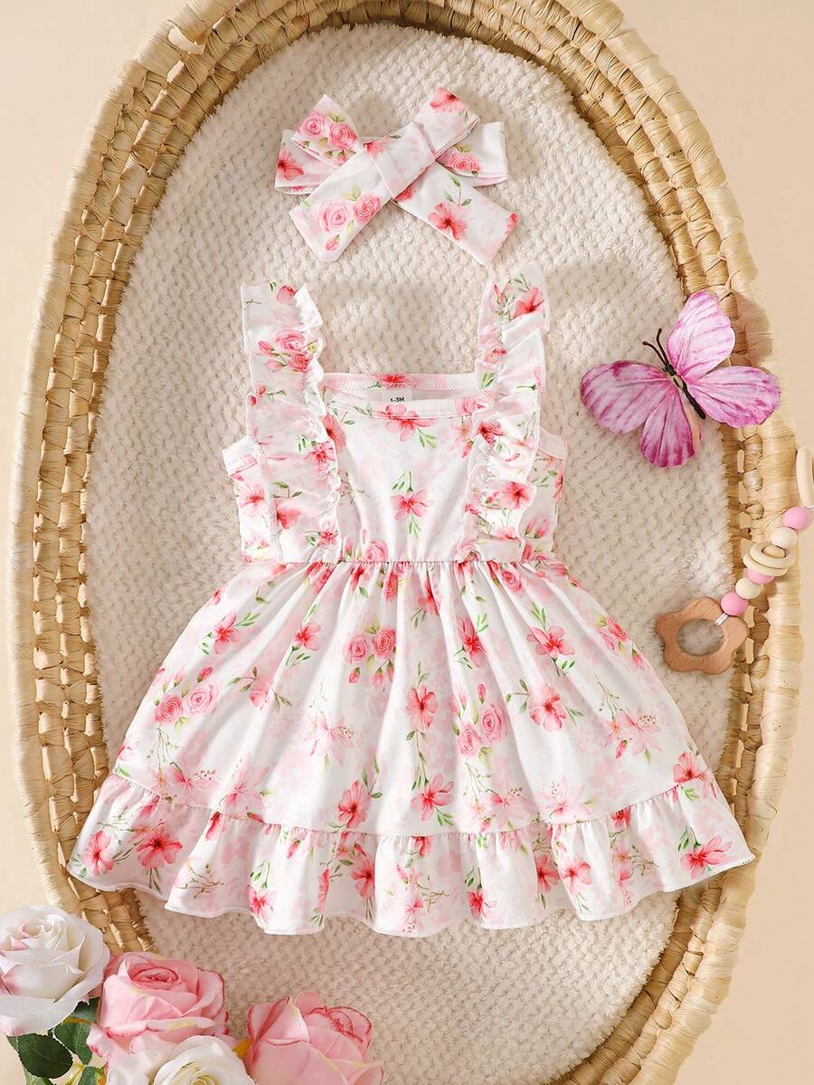 2PCS Baby Strawberry Plaid Dress and Bow Headband Set for Cute Spring and Summer Outings