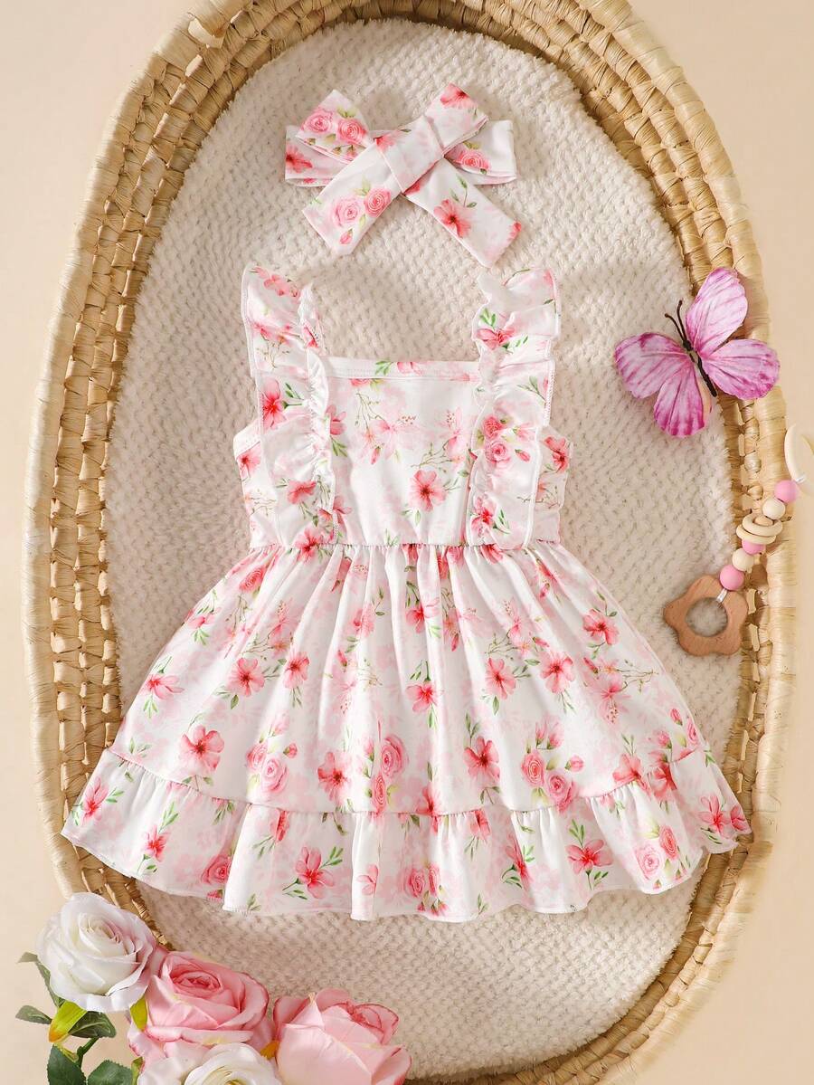 2PCS Baby Strawberry Plaid Dress and Bow Headband Set for Cute Spring and Summer Outings