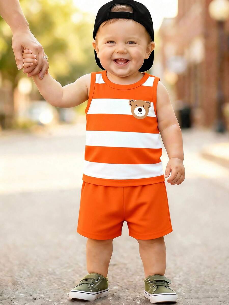 Baby Boy Letter Print Tank Top and Palm Tree Print Shorts 3 Piece Summer Outfit Set with Sunglasses