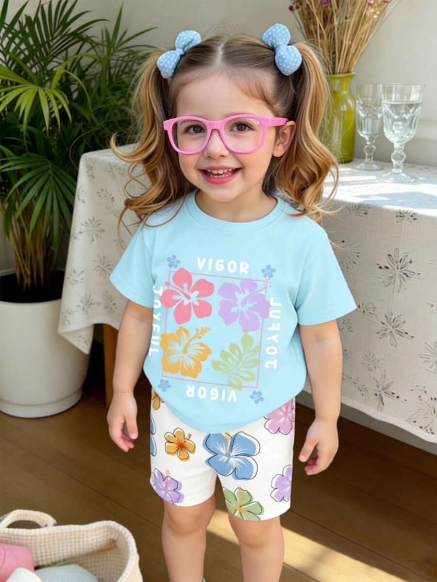Lemon Fruit & Letter Print Short Sleeve Top and Shorts Set for Baby Girls