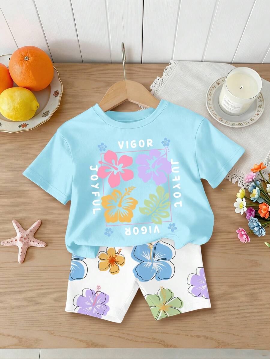 Lemon Fruit & Letter Print Short Sleeve Top and Shorts Set for Baby Girls