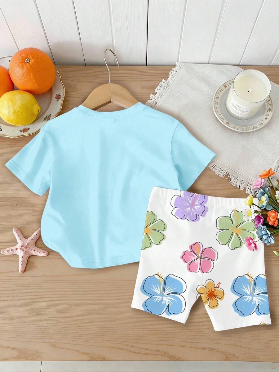 Lemon Fruit & Letter Print Short Sleeve Top and Shorts Set for Baby Girls