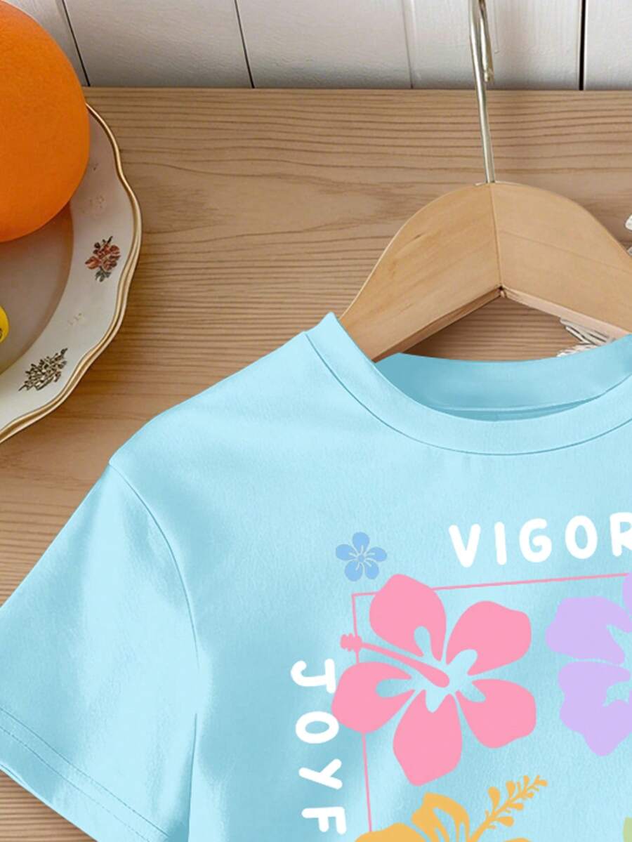 Lemon Fruit & Letter Print Short Sleeve Top and Shorts Set for Baby Girls