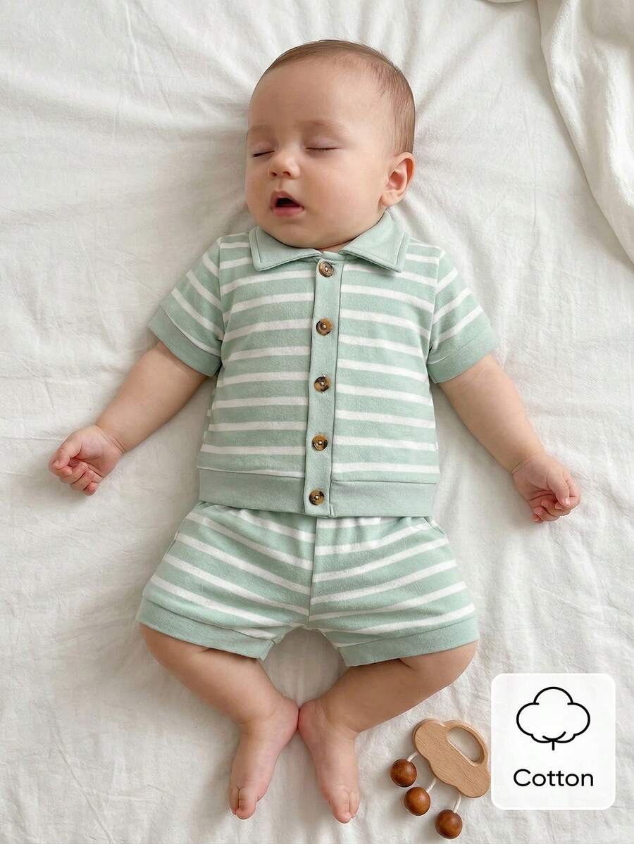 2PCS Baby Knitted Jacquard Shirt and Shorts Set for Casual Summer Outings