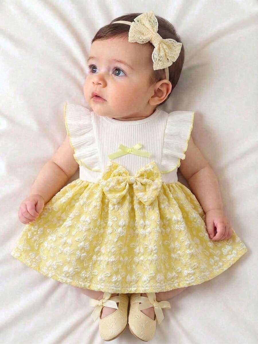 Baby Lace Collar Pink Bow Dress for Elegant Retro Summer Wear