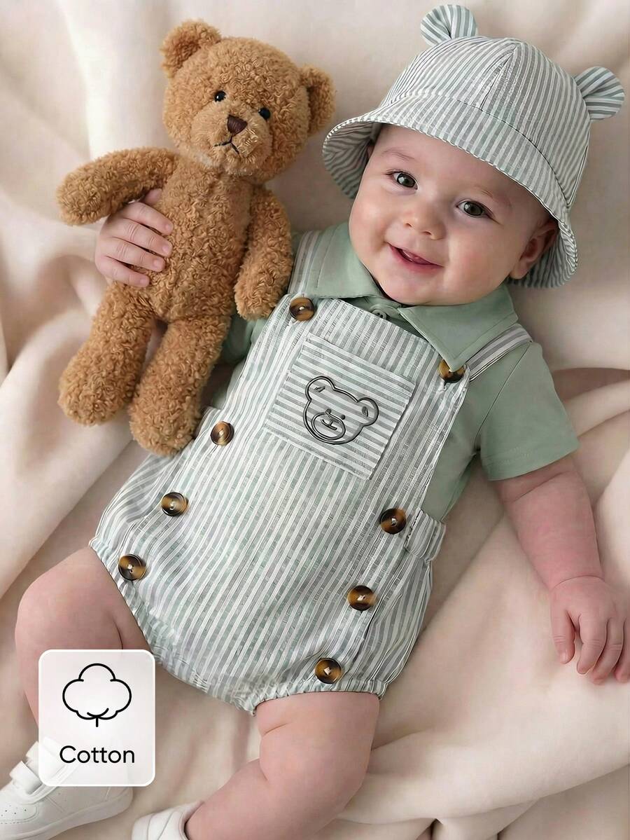 3PCS Baby Boy Bear Embroidered Overall Outfit Set for Cute Summer Daily Wear
