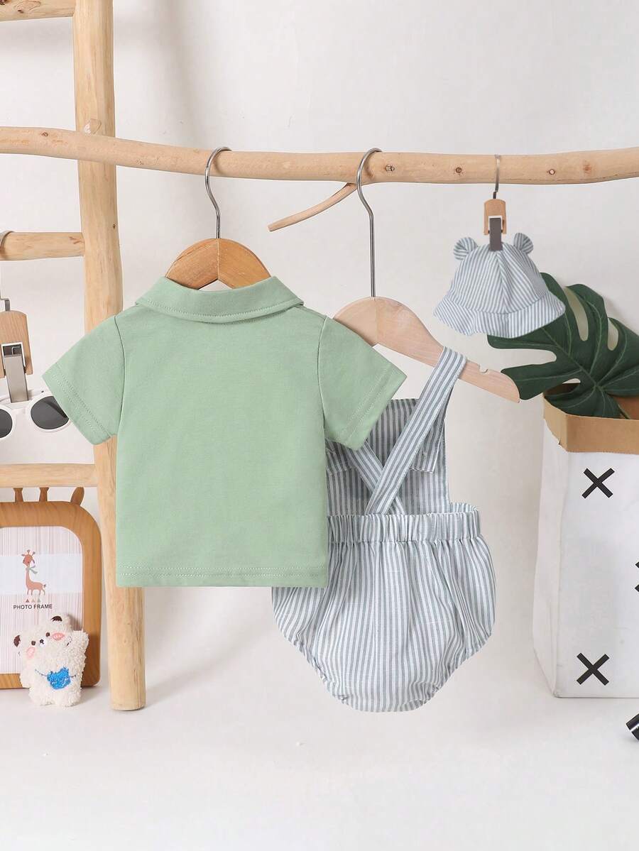 3PCS Baby Boy Bear Embroidered Overall Outfit Set for Cute Summer Daily Wear
