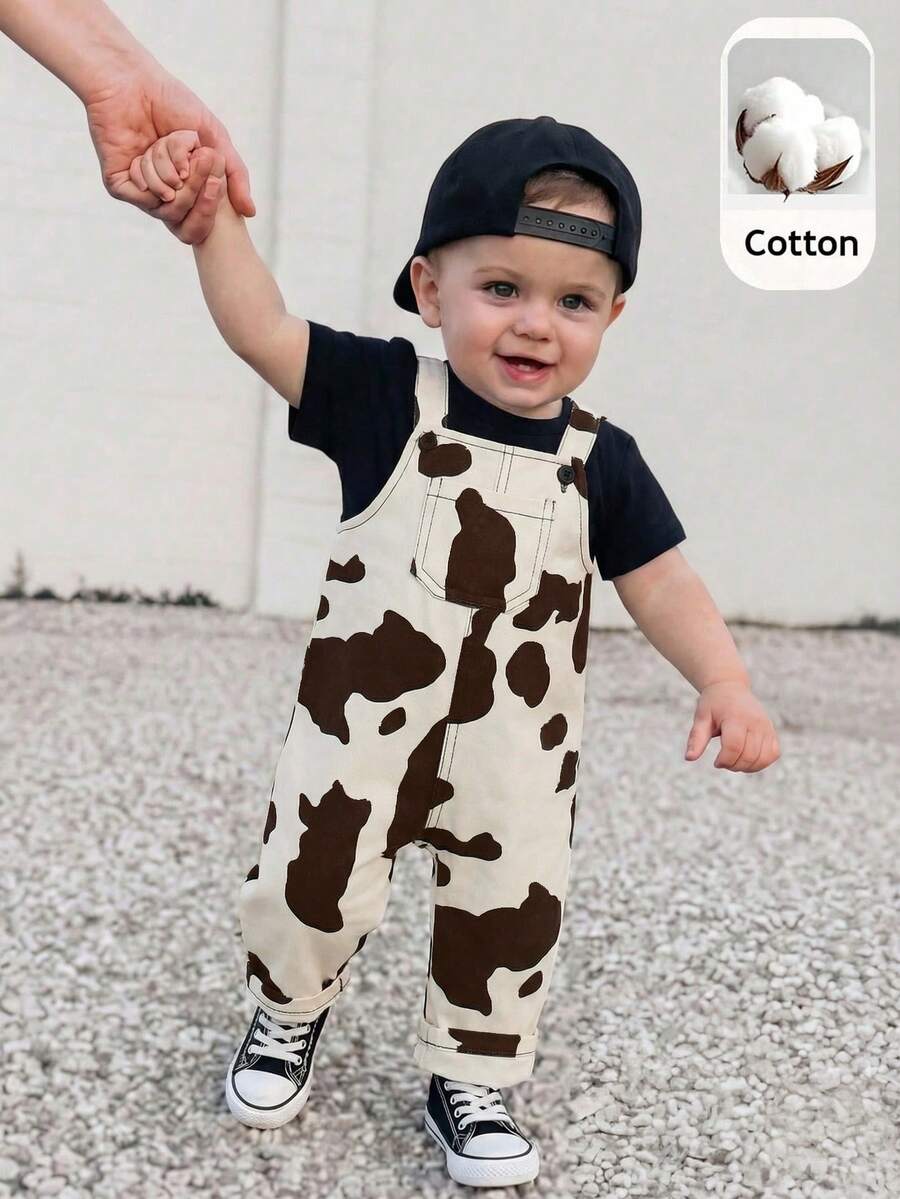 Unisex Baby Cow Print Denim Bib Pants Romper Casual Spring Summer Outfit Set