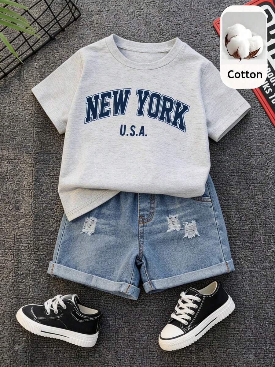 Baby Boy Black and White Striped T Shirt and Denim Shorts 2 Piece Casual Spring Summer Outfit Set