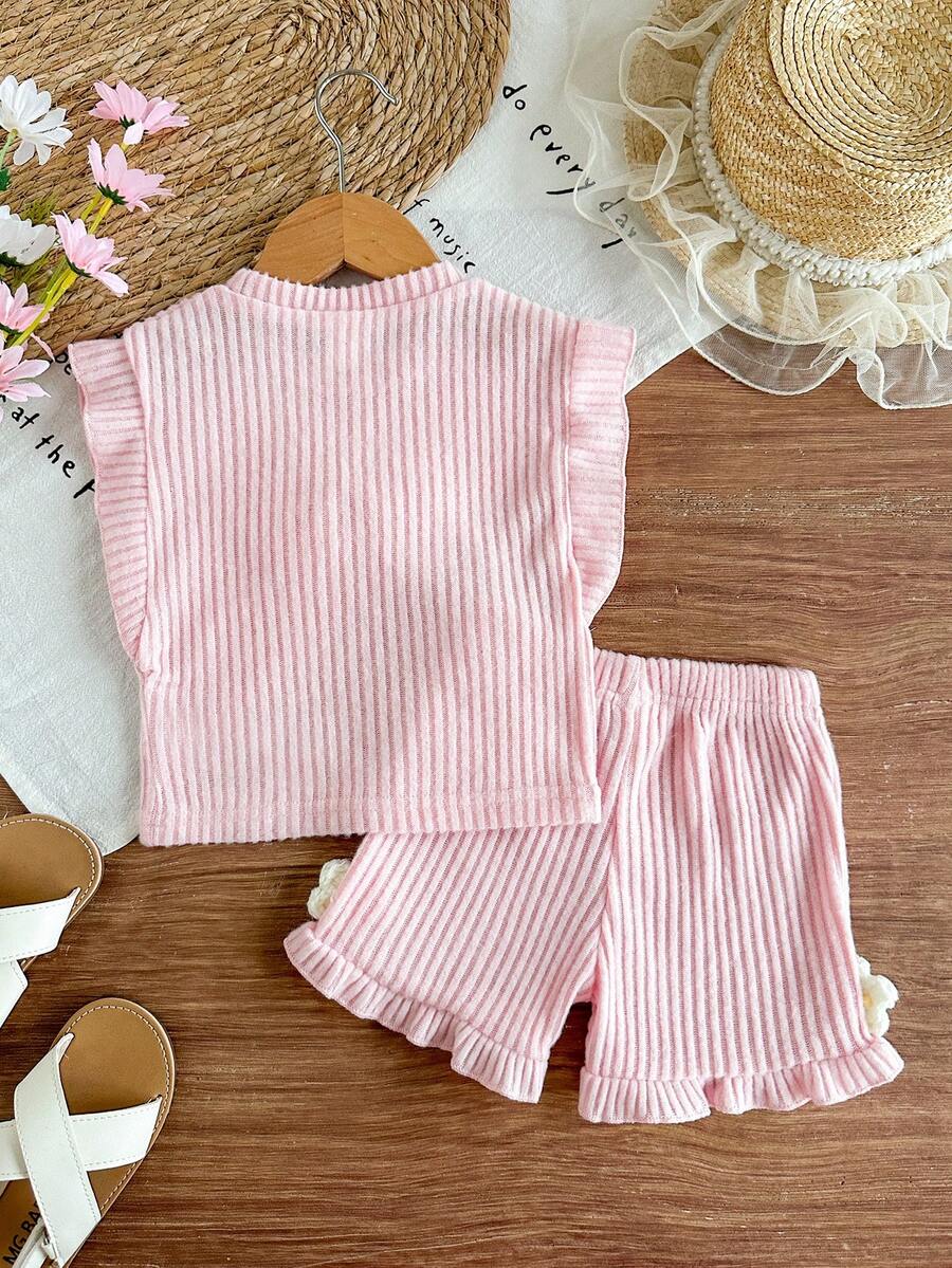Baby Girl Black & White Striped Ruffle Sleeve T-Shirt & Shorts Set