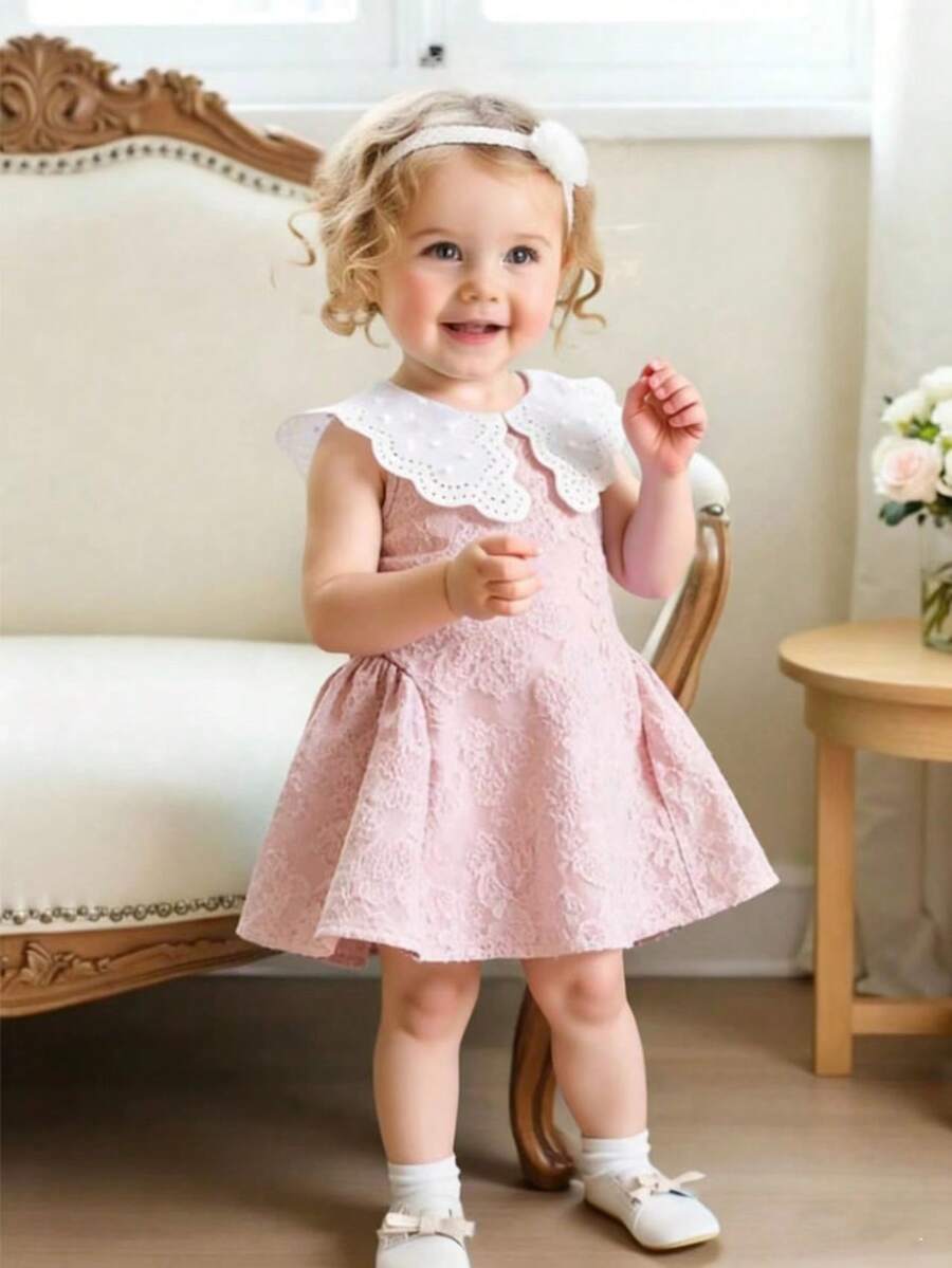 Little Girls Princess Pink Dress With Peter Pan Collar And Lace Detail